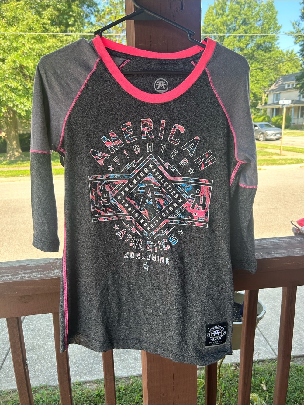 American Fighter Girls Dark Gray & Pink Raglan Long Sleeve Tee
